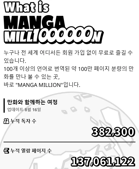 망가밀리언 공식 소개 화면과 누적 독자 수